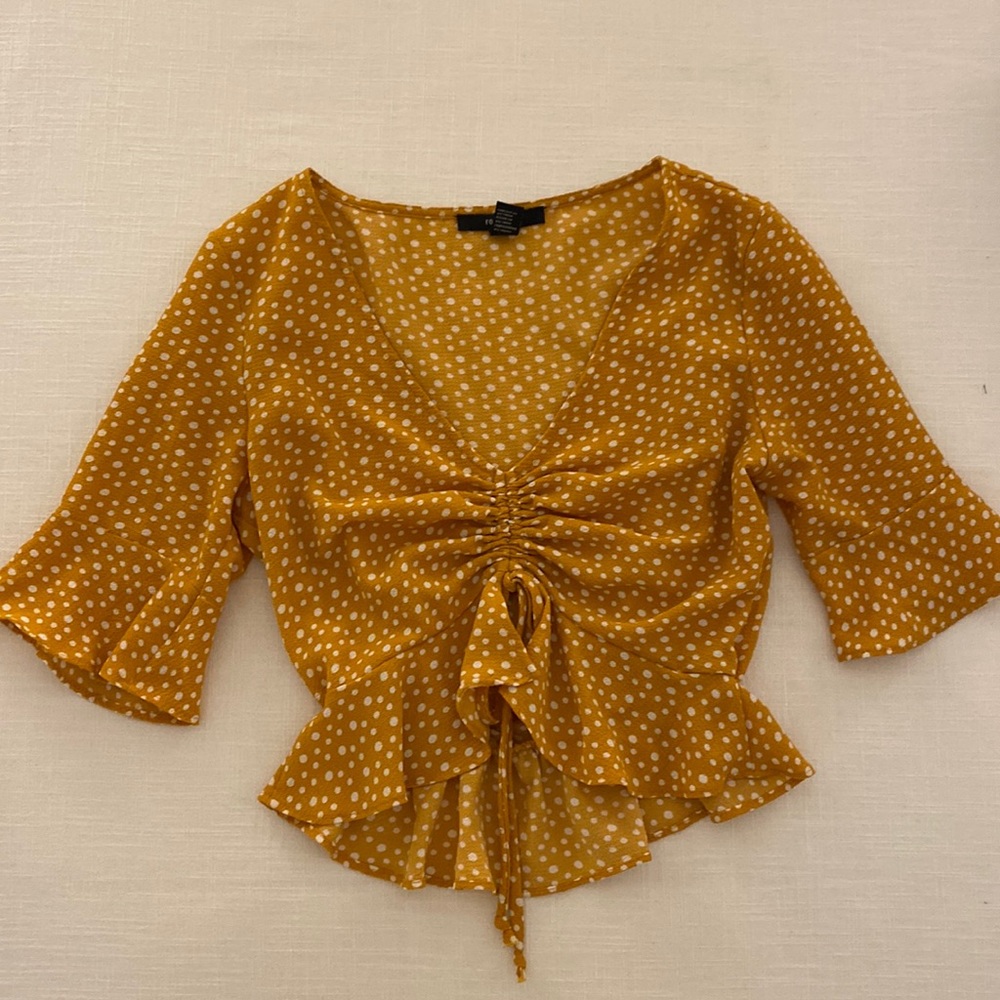 Forever 21 Short Sleeve Polka Dot Mustard Yellow Adjustable Tie Front Crop